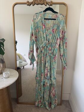 HEMANT & NANDITA Mint Green Floral Tiered Maxi Dress